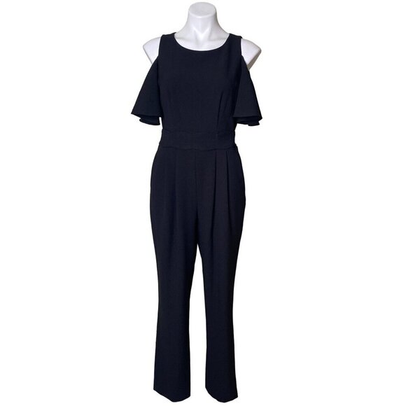 Eliza J Black Cold Shoulder Jumpsuit, Short Flutter Sleeves Women's Size 8 - Picture 1 of 9